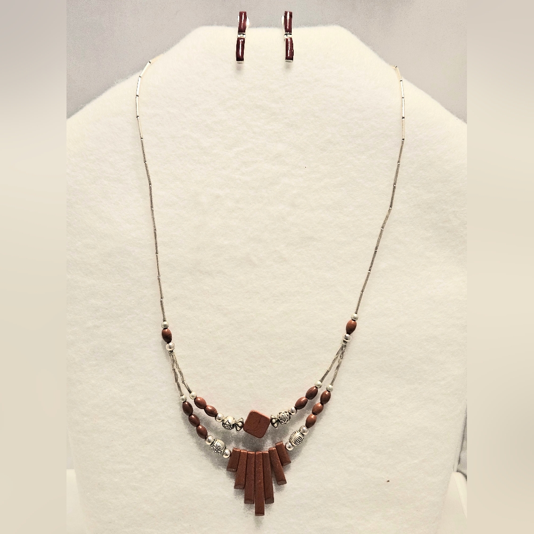 Southwestern Style Silver Tone  Brown Bead Layered Necklace And Earring Set